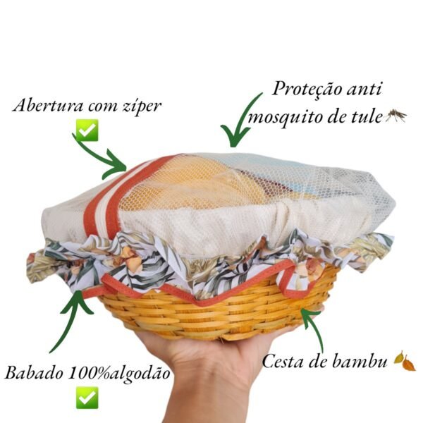 Cestinha Para Servir Pães De Bambu Com Proteção Tule E Ziper - Image 5