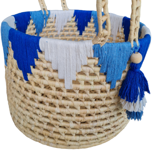 Cesto De Palha Com Alças E Macramê Decoração Casa Decor Boho Azul