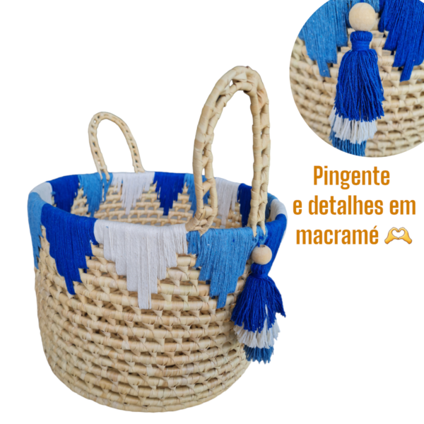 Cesto De Palha Com Alças E Macramê Decoração Casa Decor Boho Azul - Image 3