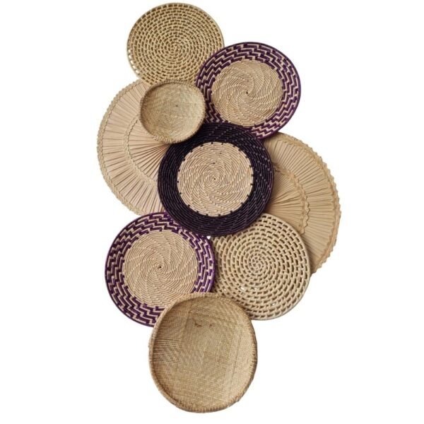 Decoração De Parede Cestas Palha Marrom Roxo 9 peças